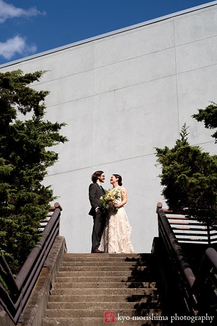 Spring Morris Museum Wedding with Potted Plants Morristown NJ bride groom outdoor portrait smile at the top of stairs