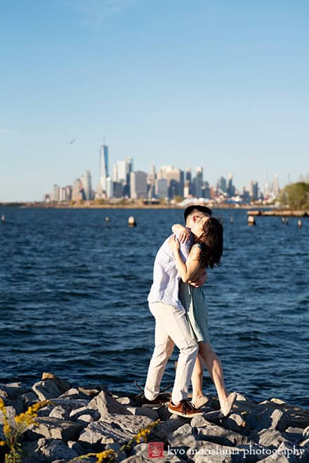 Scavenger Hunt proposal engagement couple portrait Bush Terminal Piers Park Brooklyn NYC holding hands hug