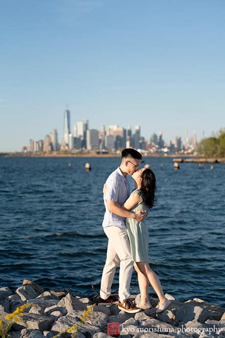 Scavenger Hunt proposal engagement couple portrait Bush Terminal Piers Park Brooklyn NYC holding hands kiss