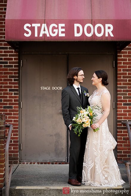 Spring Morris Museum Wedding with Potted Plants Morristown NJ bride groom outdoor portrait smile at each other