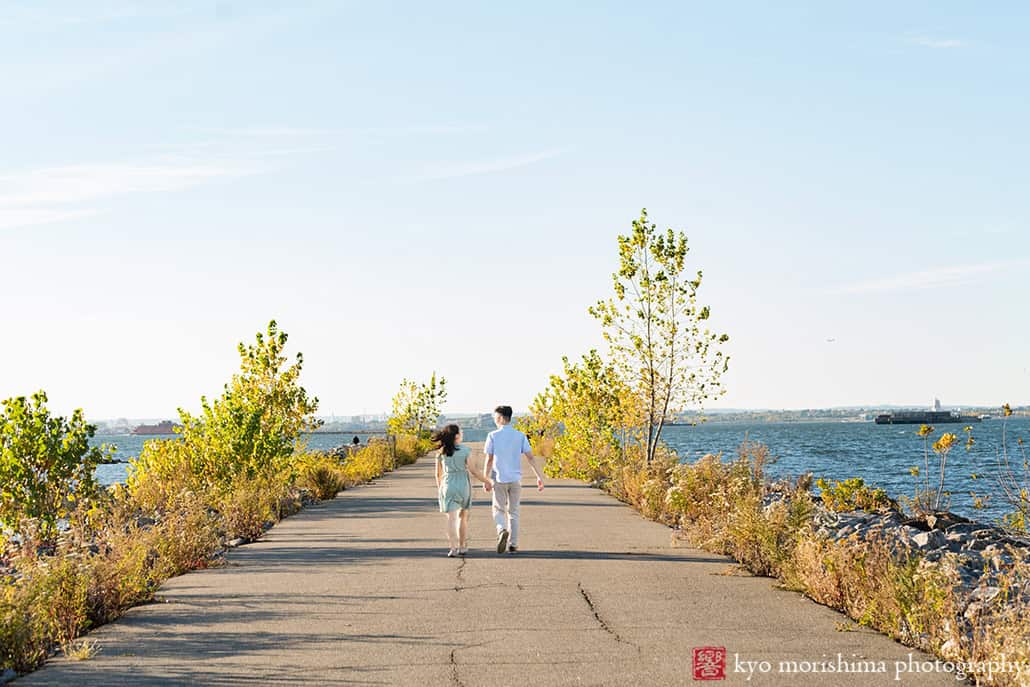 Scavenger Hunt proposal engagement couple portrait Bush Terminal Piers Park Brooklyn NYC holding hands