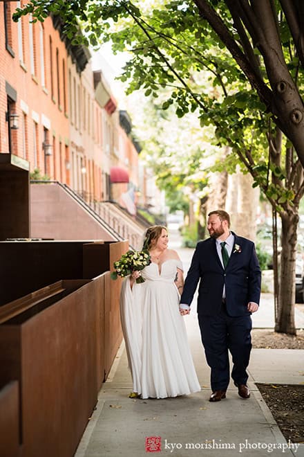 501 Union Gowanus canal Brooklyn documentary street life style wedding portrait newlywed holding hands walking