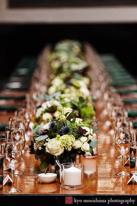 501 Union Brooklyn NYC wedding reception detail long table picture room shot ceiling skylight roof light interior flower