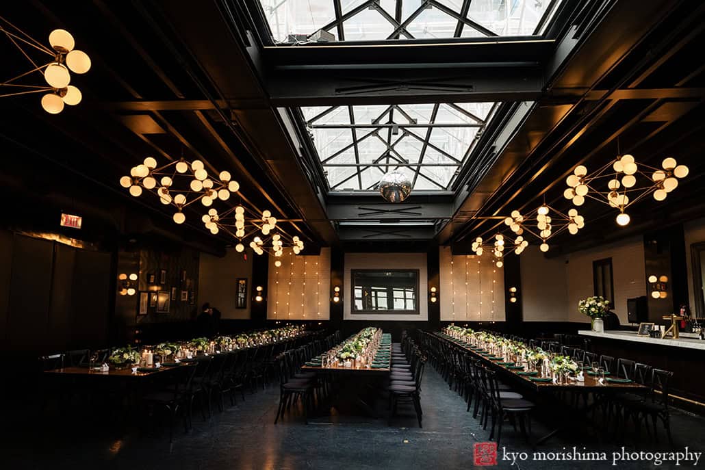 501 Union Brooklyn NYC wedding reception detail long table picture room shot ceiling skylight roof light interior