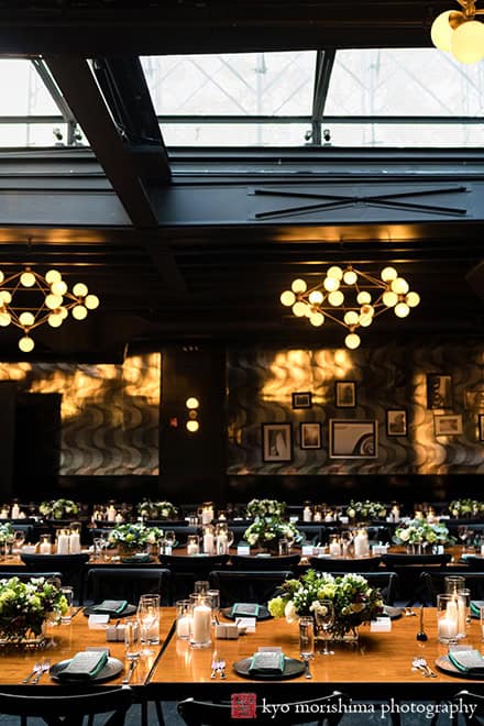 501 Union Brooklyn NYC wedding reception detail long table ware picture room shot ceiling skylight roof light