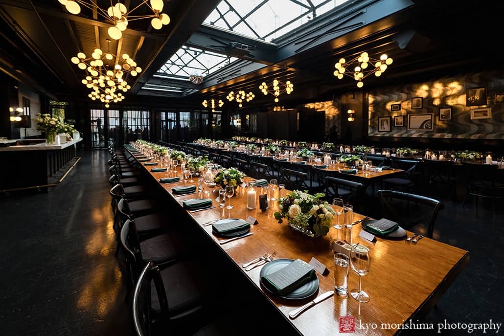 501 Union Brooklyn NYC wedding reception detail long table ware picture room shot ceiling skylight roof light