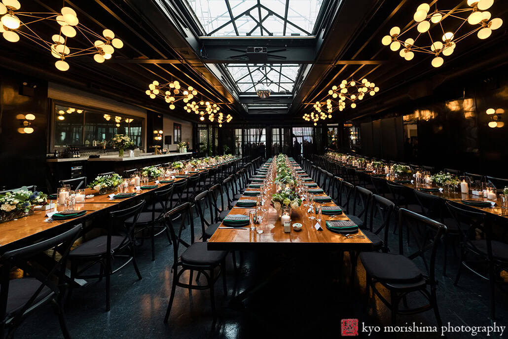 501 Union Brooklyn NYC wedding reception detail long table ware picture room shot ceiling skylight roof light