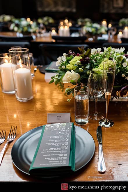 501 Union Brooklyn NYC wedding reception detail long table ware menu picture room shot