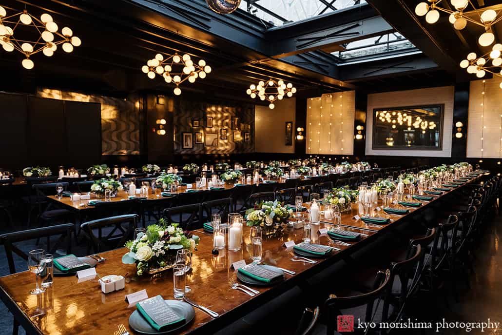 501 Union Brooklyn NYC wedding reception detail long table picture room shot flower roof light