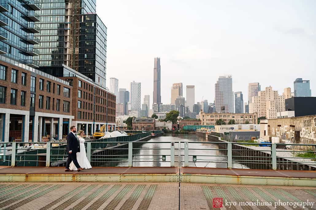 501 Union Gowanus canal Brooklyn documentary street life style wedding portrait newlywed holding hands walking