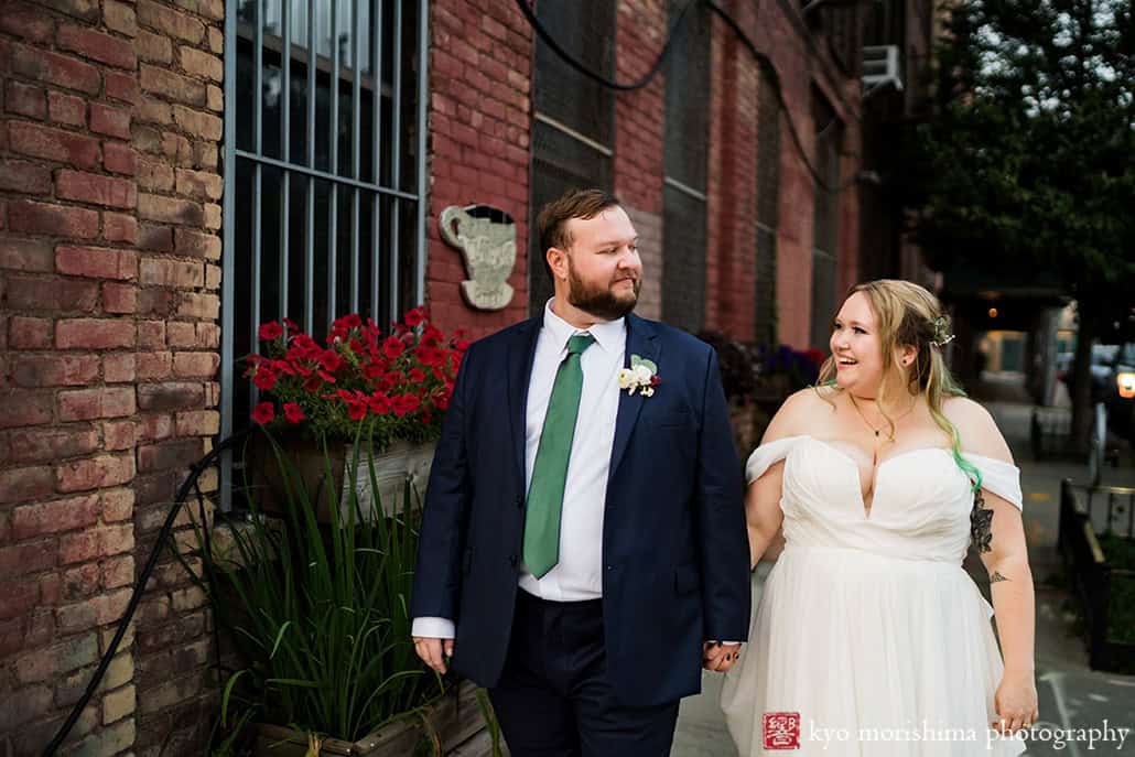 501 Union Gowanus canal Brooklyn documentary street life style wedding portrait newlyweds holding hands walking