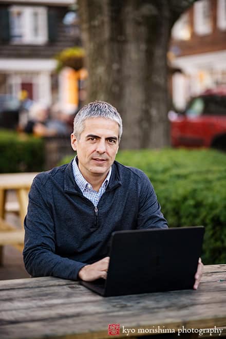 Branding entrepreneur business owner solopreneurs Brooklyn NYC Manhattan Palmer Square Princeton NJ lifestyle portrait with laptop outside