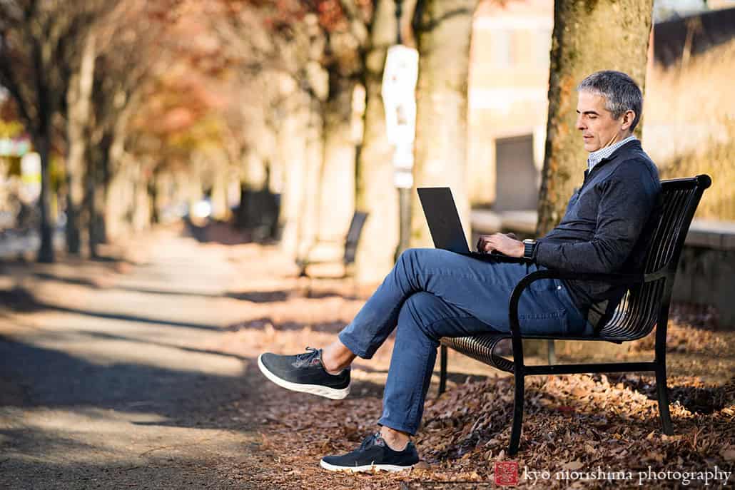 branding entrepreneur portrait business owner, self employed solopreneurs Brooklyn NYC Manhattan Princeton NJ portrait with laptop outside