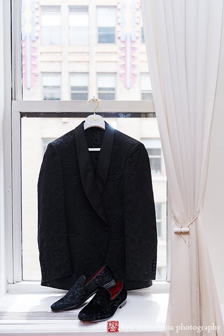 Groom getting ready suits tux and shoes Midtown Loft & Terrac, Manhattan NYC rooftop wedding event venue