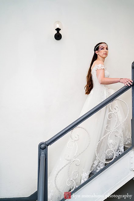 Bride getting ready first look Midtown Loft & Terrac, Manhattan NYC rooftop wedding event venue walking up stairs