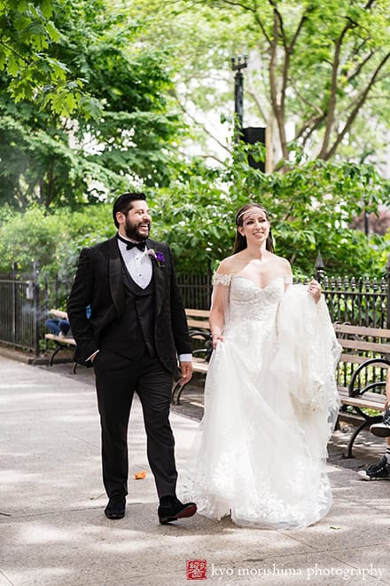 Bride and groom outdoor street portrait Madison Square Park Midtown Loft & Terrac, Manhattan NYC rooftop wedding event venue