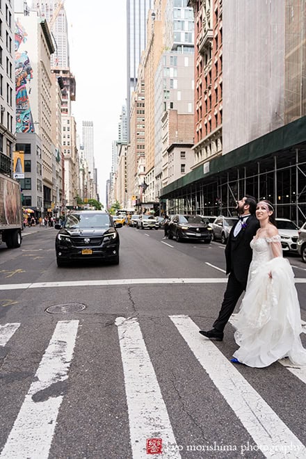 Bride and groom outdoor street portrait Midtown Loft & Terrac, Manhattan NYC rooftop wedding