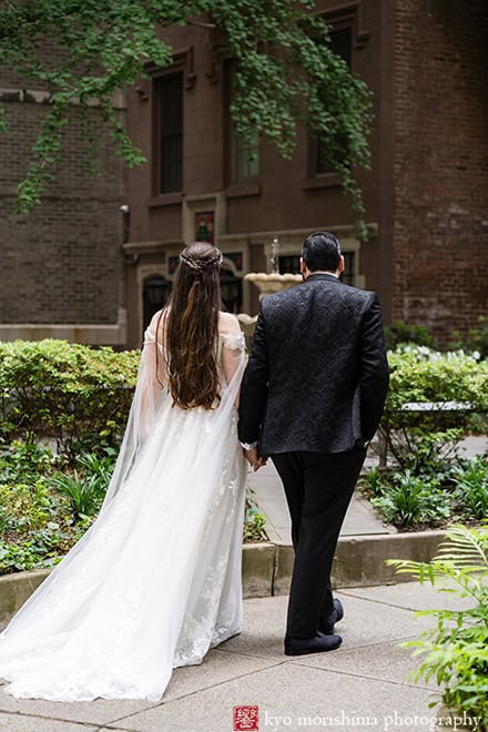 Bride and groom outdoor street portrait Midtown Loft & Terrac, Manhattan NYC rooftop wedding holding hands walking
