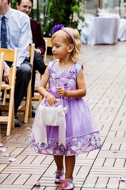 Bride and groom Outdoor ceremony Midtown Loft & Terrace, Manhattan NYC rooftop wedding flower girl walking down the aisle