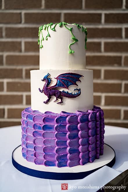 Wedding dragon cake reception details table setting decor Outdoor reception Midtown Loft & Terrace, Manhattan NYC rooftop wedding