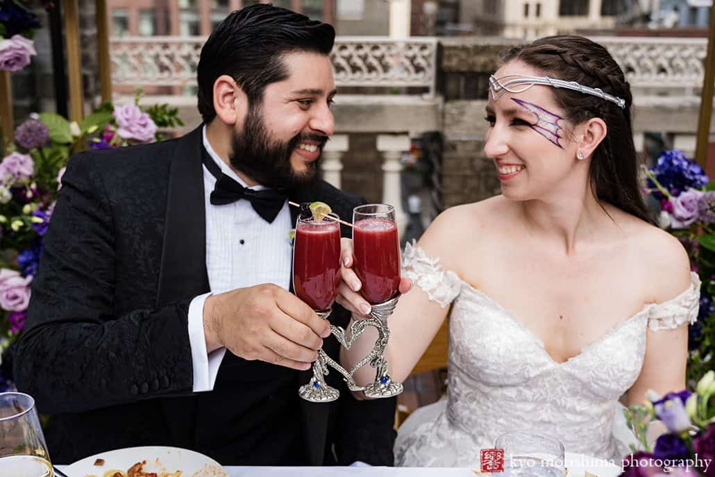 Bride and groom Outdoor reception Midtown Loft & Terrace, Manhattan NYC rooftop wedding
