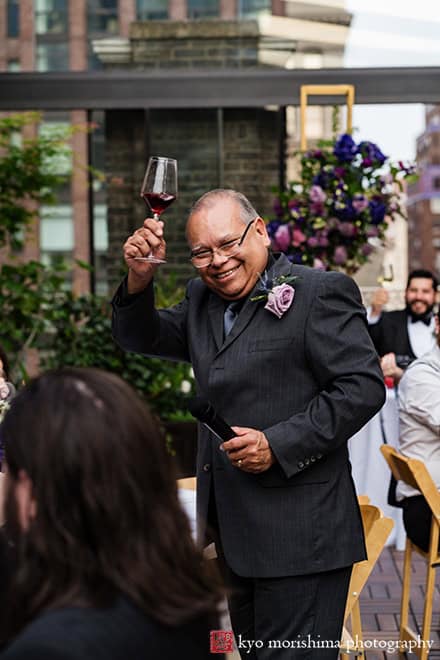 happy guest Outdoor reception Midtown Loft & Terrace, Manhattan NYC rooftop wedding