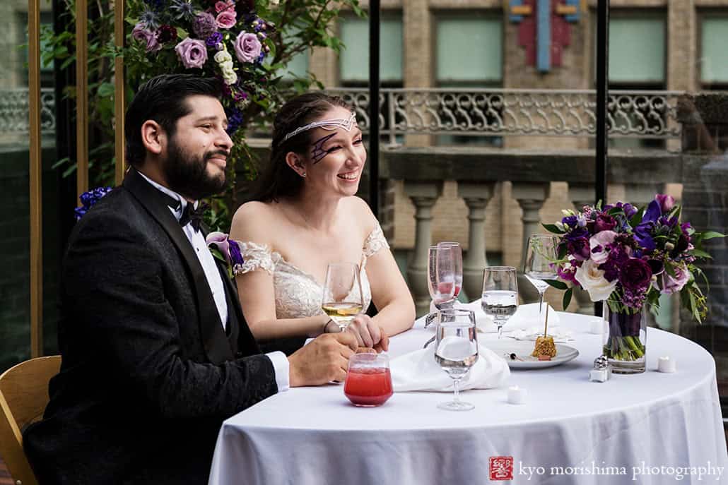 Bride and groom Outdoor reception Midtown Loft & Terrace, Manhattan NYC rooftop wedding