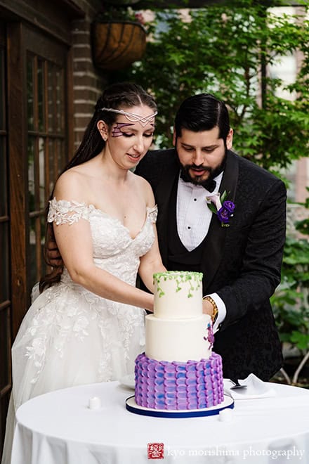 Bride and groom cake cut Outdoor reception Midtown Loft & Terrace, Manhattan NYC rooftop wedding