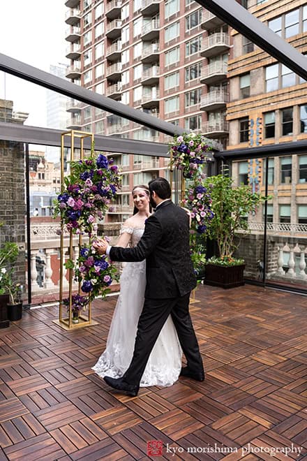 Bride and groom first dance Outdoor reception Midtown Loft & Terrace, Manhattan NYC rooftop wedding