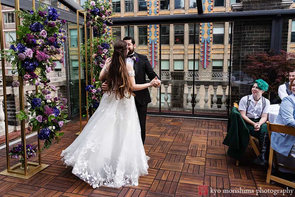 Bride and groom first dance Outdoor reception Midtown Loft & Terrace, Manhattan NYC rooftop wedding
