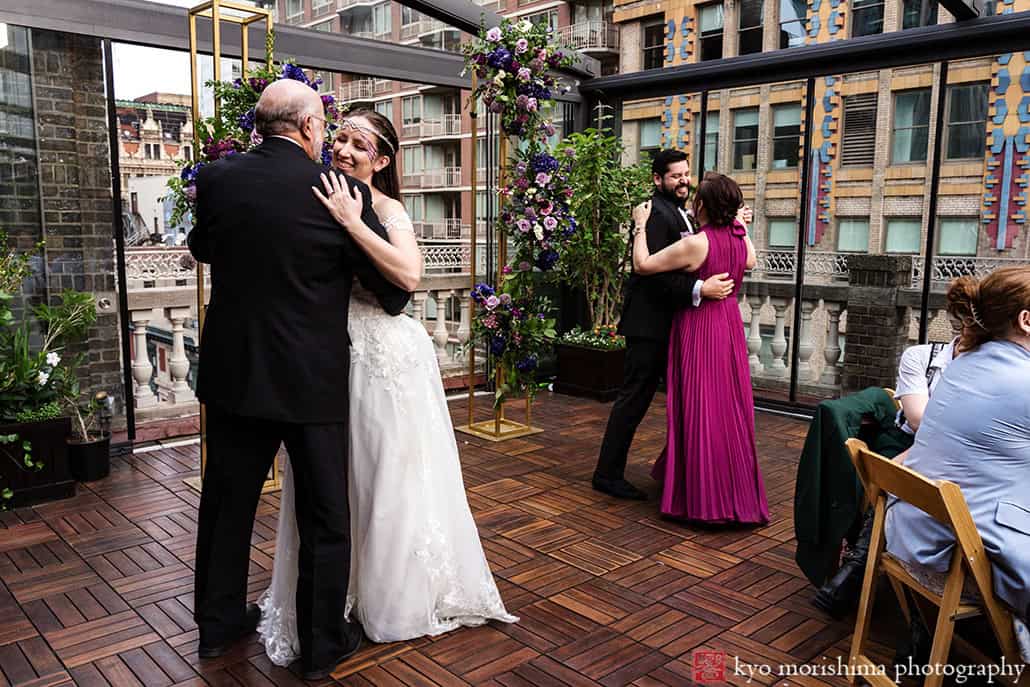 Bride and groom parents dance Outdoor reception Midtown Loft & Terrace, Manhattan NYC rooftop wedding