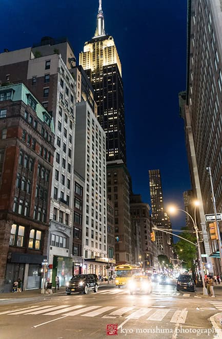 Night landscape photograph with yellow cab Empire State Building Midtown Loft & Terrac, Manhattan NYC rooftop wedding event venue