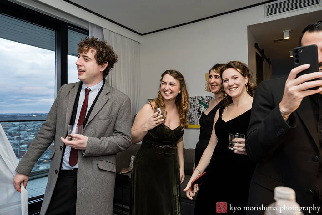December Winter The William Vale hotel Brooklyn NYC Restaurant Destination Wedding First look friends Manhattan skyscrapers bridal party