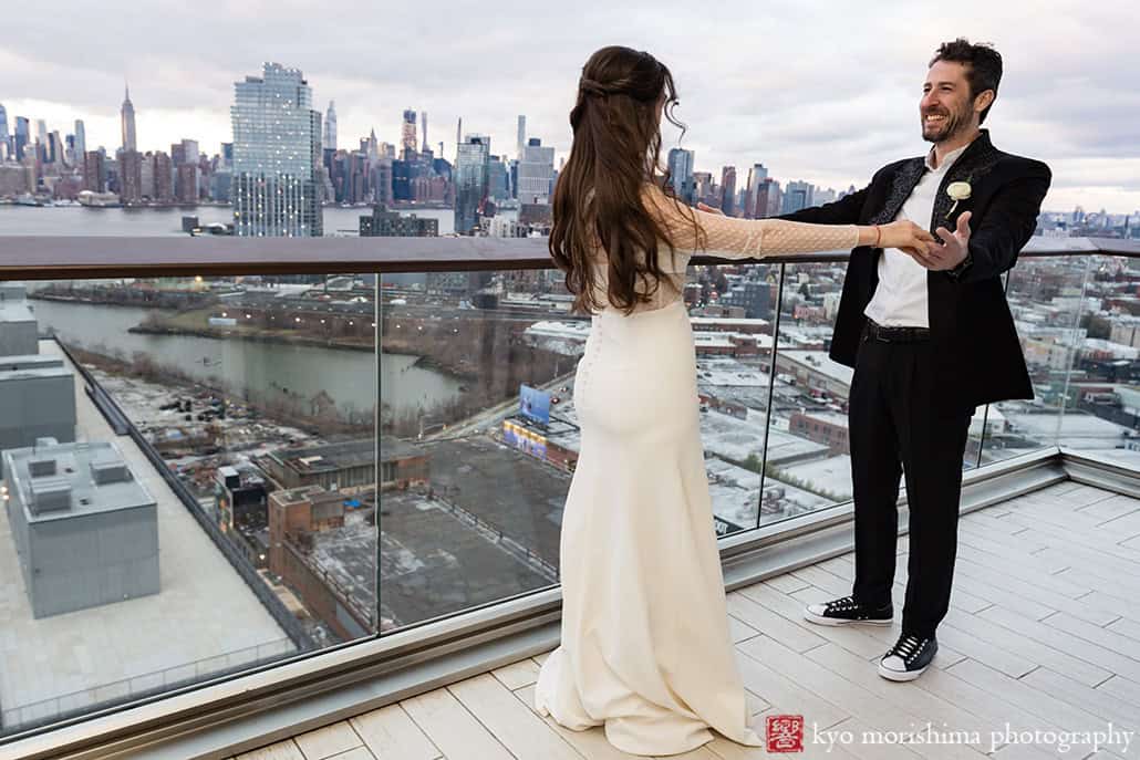 December Winter The William Vale hotel Brooklyn NYC Restaurant Destination Wedding Bride and Groom First look Manhattan skyscrapers