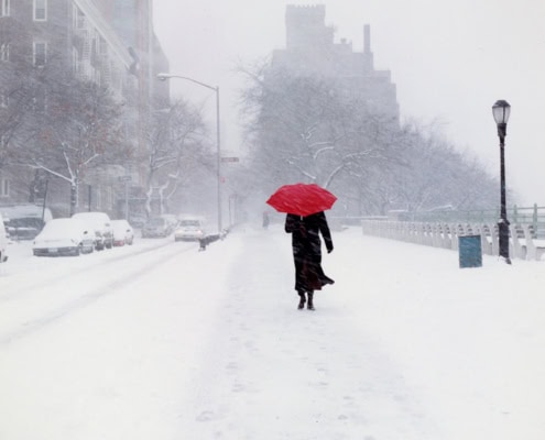 Woman with a Red Umbrella After the Snowstorm, Brooklyn NYC