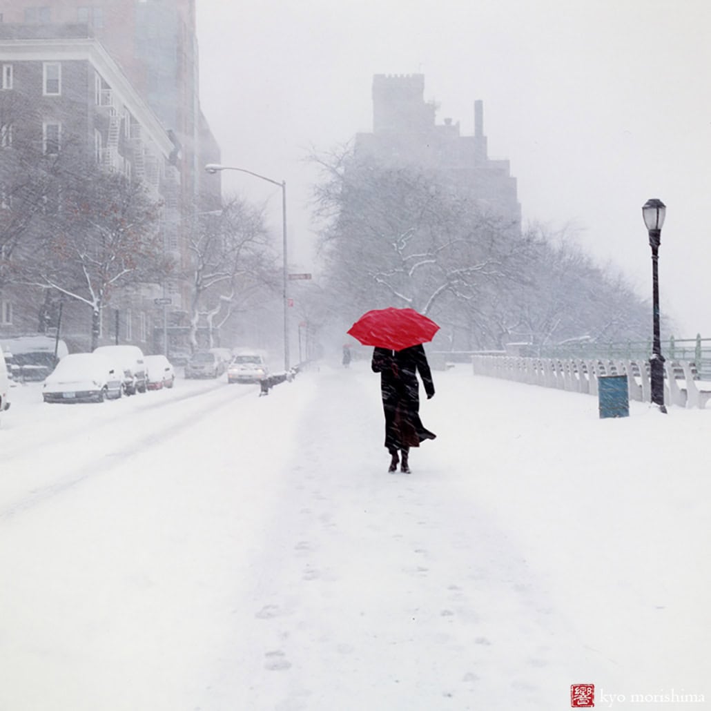 Woman with a Red Umbrella After the Snowstorm, Brooklyn NYC