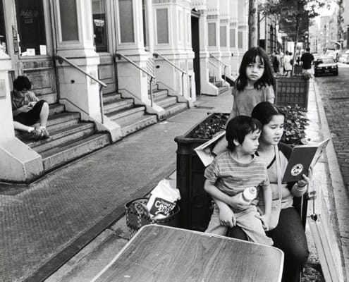 street photography decisive moment, black and white, film, kids on sidewalk in soho nyc