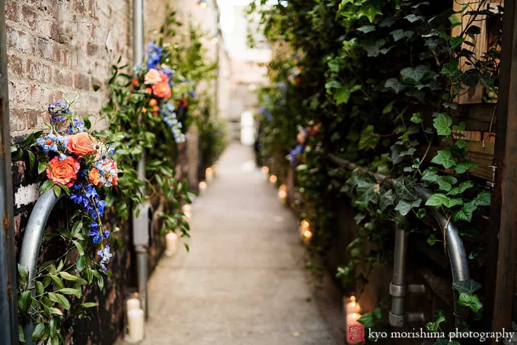 Roberta's Pizza, Brooklyn, Bushwick, NYC restaurant backyard wedding table room setups details colorful flowers entrance Kyo