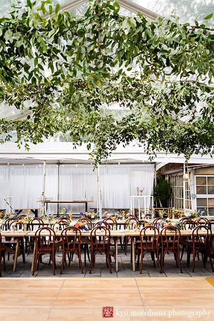 Roberta's Pizza, Brooklyn, Bushwick, NYC restaurant backyard wedding table room setups details colorful flowers Kyo