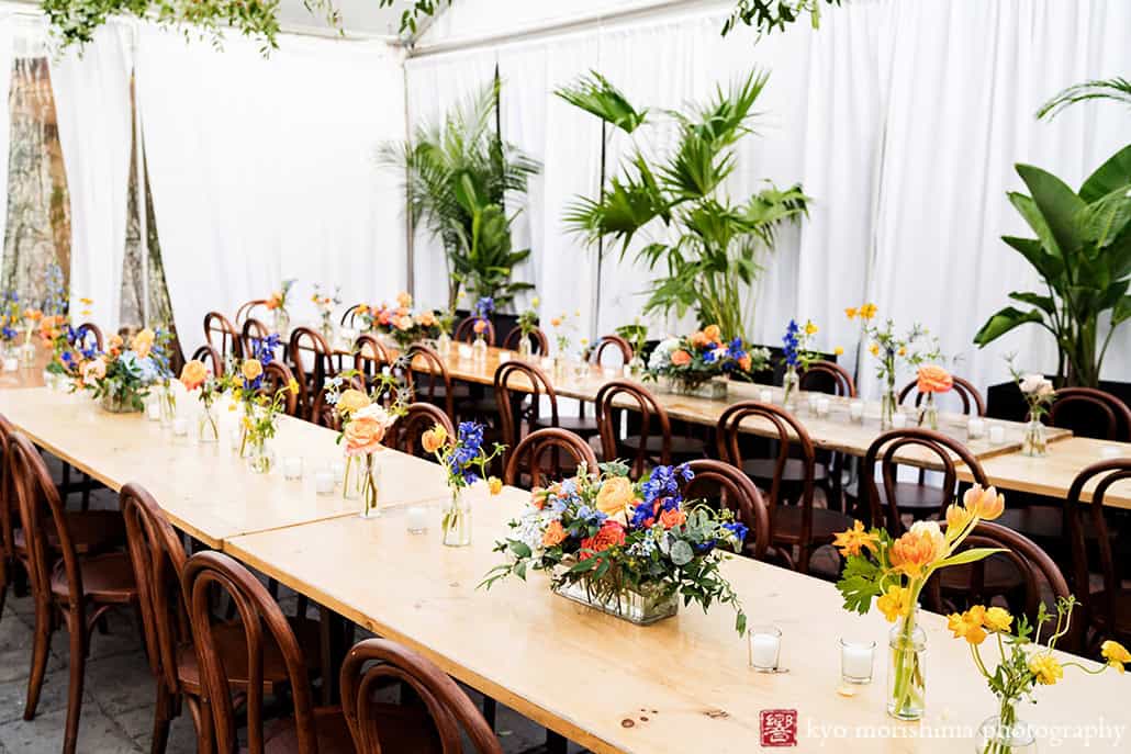 Roberta's Pizza, Brooklyn, Bushwick, NYC restaurant backyard wedding table room setups details colorful flowers Kyo