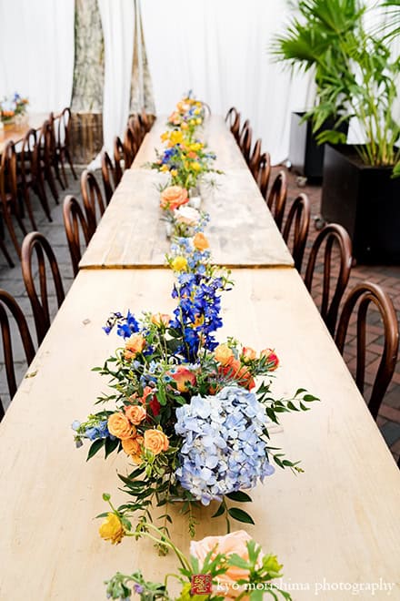 Roberta's Pizza, Brooklyn, Bushwick, NYC restaurant backyard wedding table room setups details colorful flowers Kyo