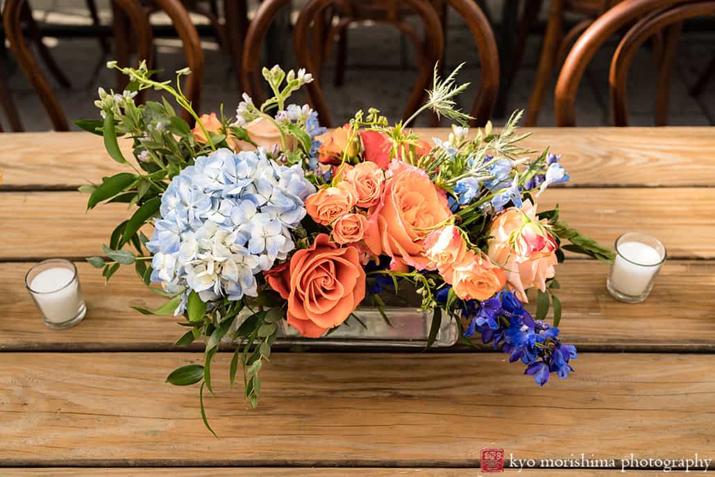 Roberta's Pizza, Brooklyn, Bushwick, NYC restaurant backyard wedding table room setups details colorful flowers Kyo