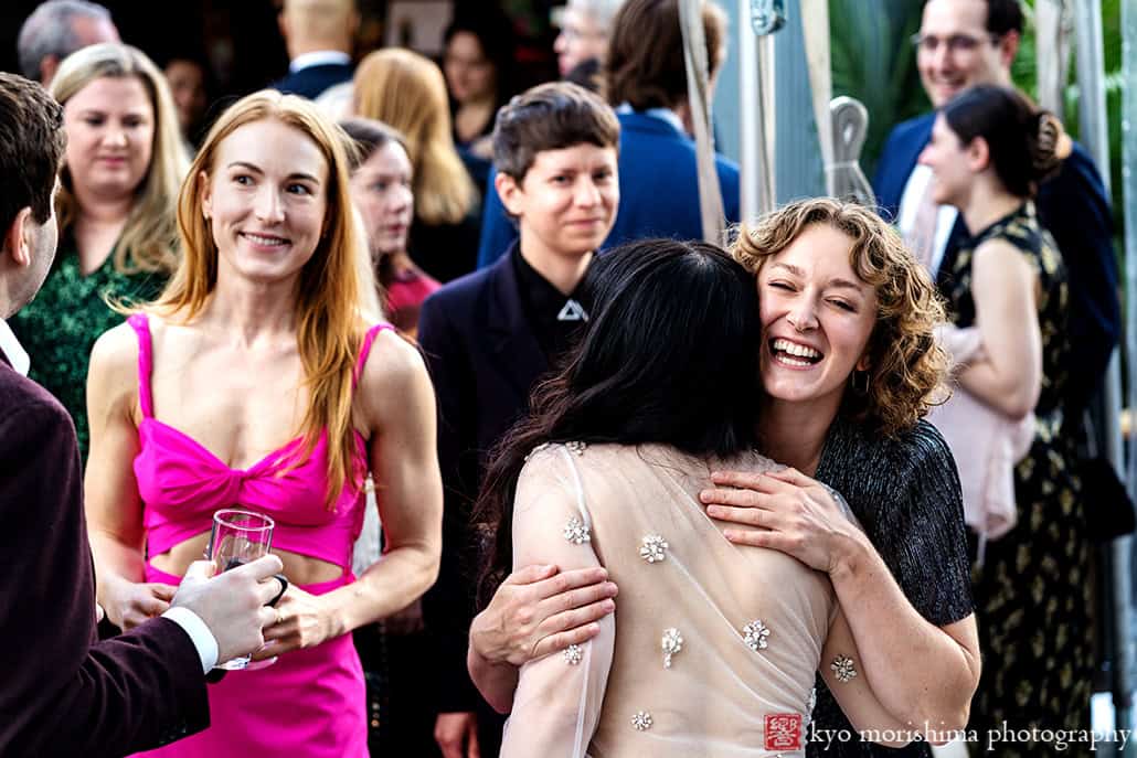 Roberta's Pizza, Brooklyn, Bushwick, NYC restaurant backyard wedding reception,, Kyo Morishima Photography guests congratulating newlyweds