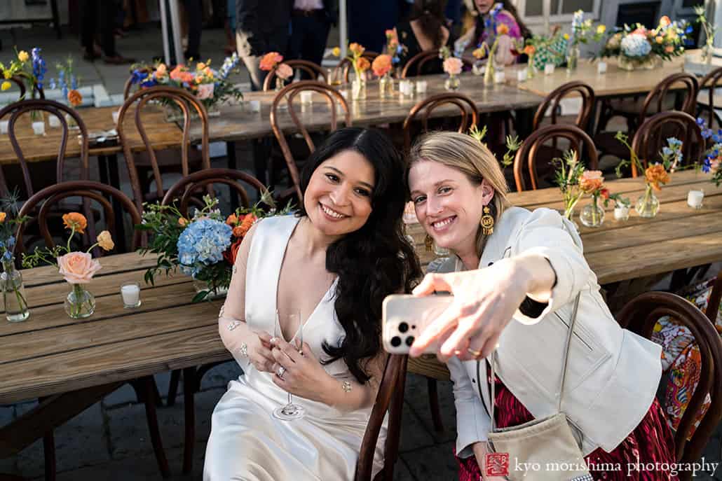 Roberta's Pizza, Brooklyn, Bushwick, NYC restaurant backyard wedding reception,, Kyo Morishima Photography guests congratulating newlyweds selfies