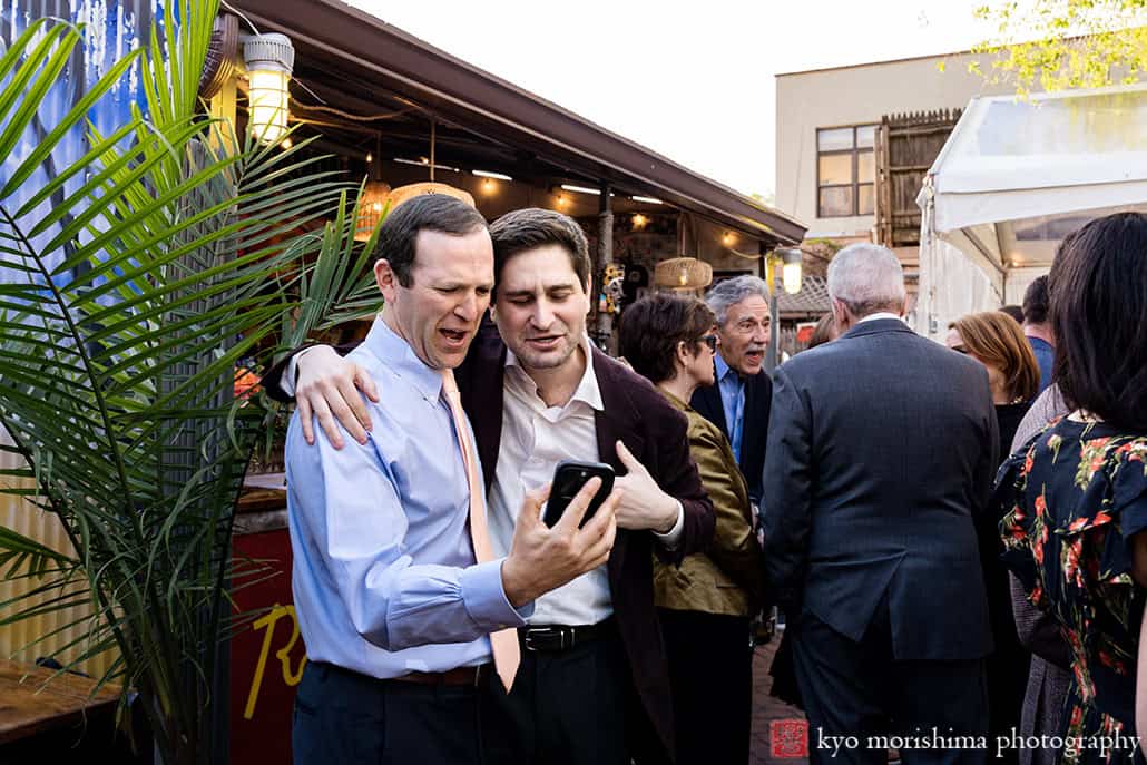 Roberta's Pizza, Brooklyn, Bushwick, NYC restaurant backyard wedding cocktail hour, Kyo guests congratulating fun