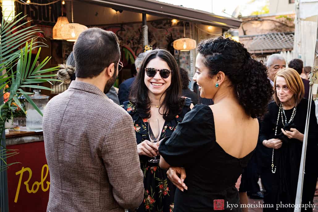 Roberta's Pizza, Brooklyn, Bushwick, NYC restaurant backyard wedding cocktail hour, Kyo guests congratulating fun