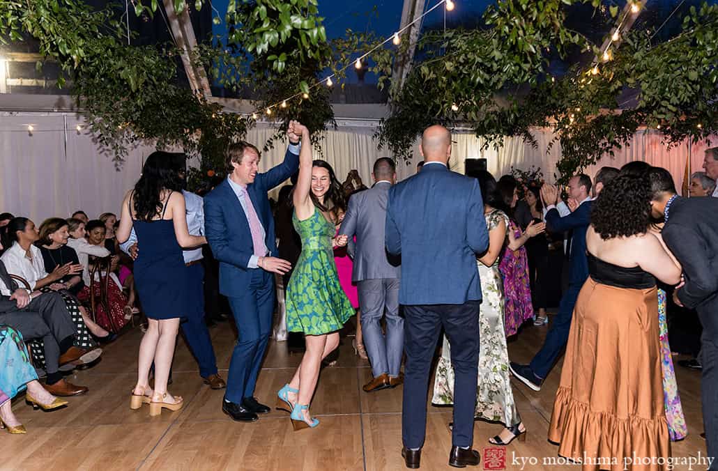 Roberta's Pizza, Brooklyn, Bushwick, NYC restaurant backyard wedding reception Kyo guests dancing having fun smiling