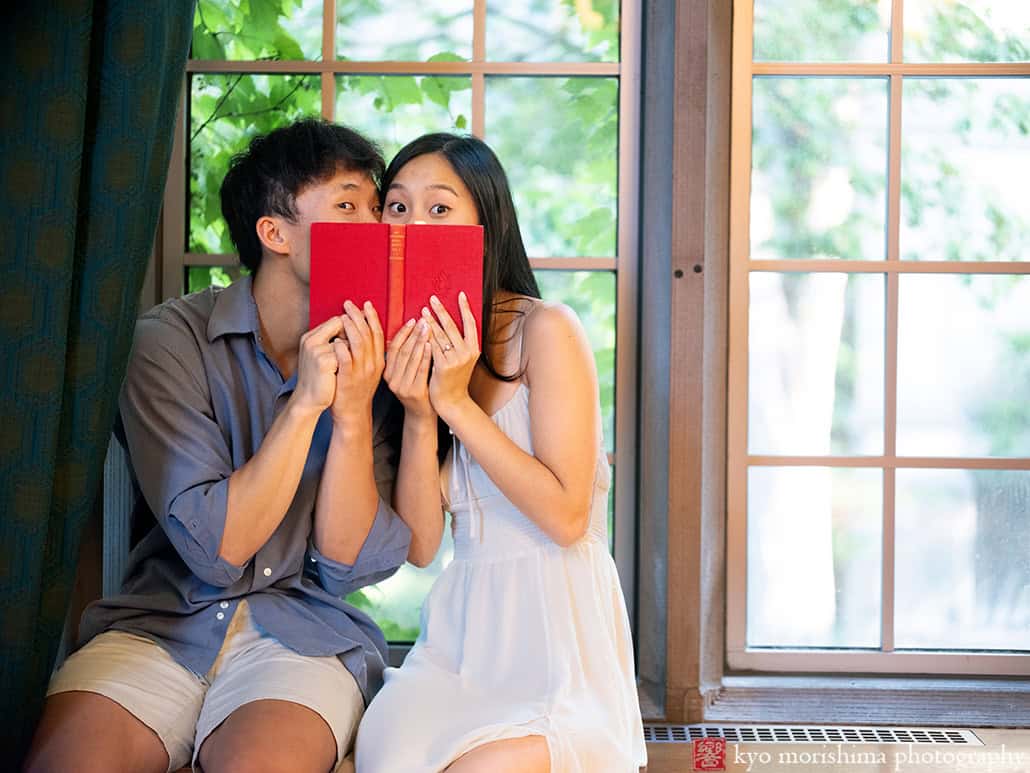 NJ, Princeton, downtown, engagement portrait, library, red, books