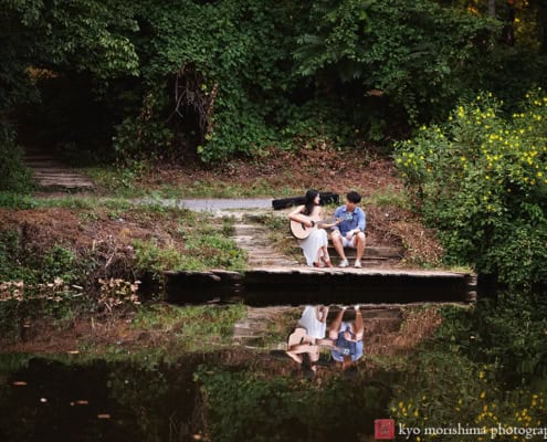 NJ, Princeton, downtown, engagement portrait, engaged couple, guitar, river, reflection, D&R Canal Trail
