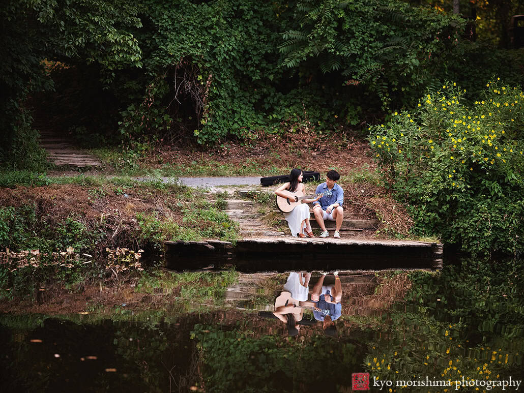 NJ, Princeton, downtown, engagement portrait, engaged couple, guitar, river, reflection, D&R Canal Trail